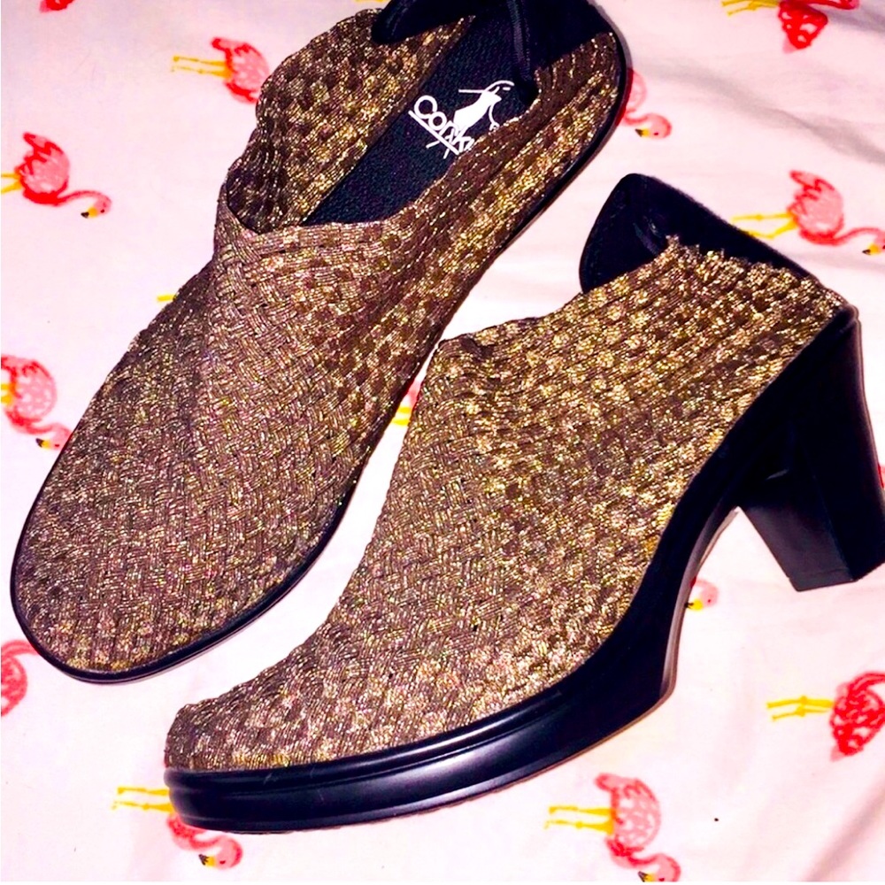 CORKY’S ‘HOT’ in Metallic Bronze Mesh Slip-on heels.
